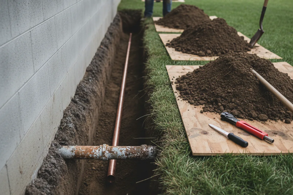 Excavated water line trench during Water Softener Installation in Harrington Park